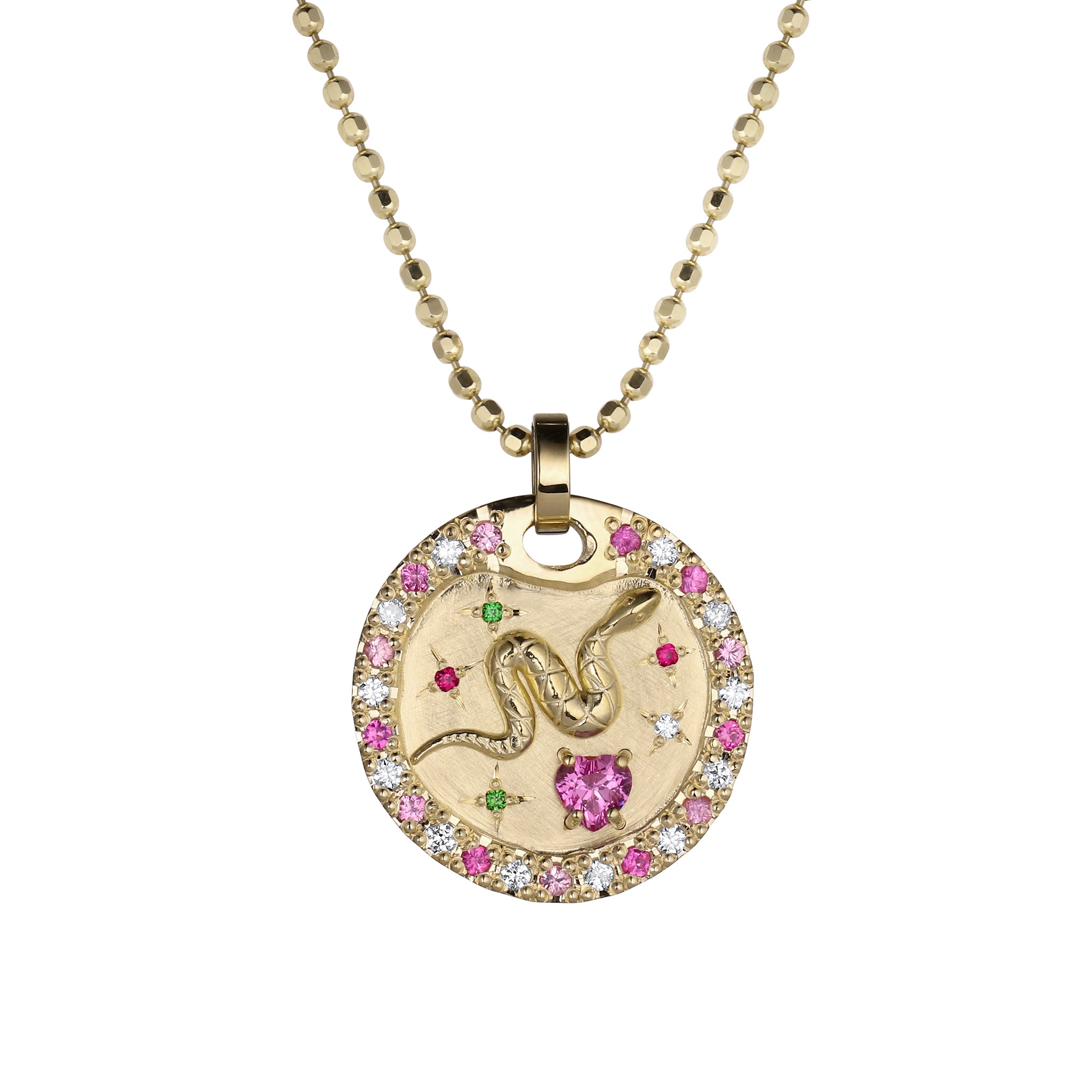 14k gold Viper dog tag pendant with sculpted snake and diamond to pink sapphire pavé halo featured heart shaped pink sapphire and green gemstone scatter pendant only shown on white background