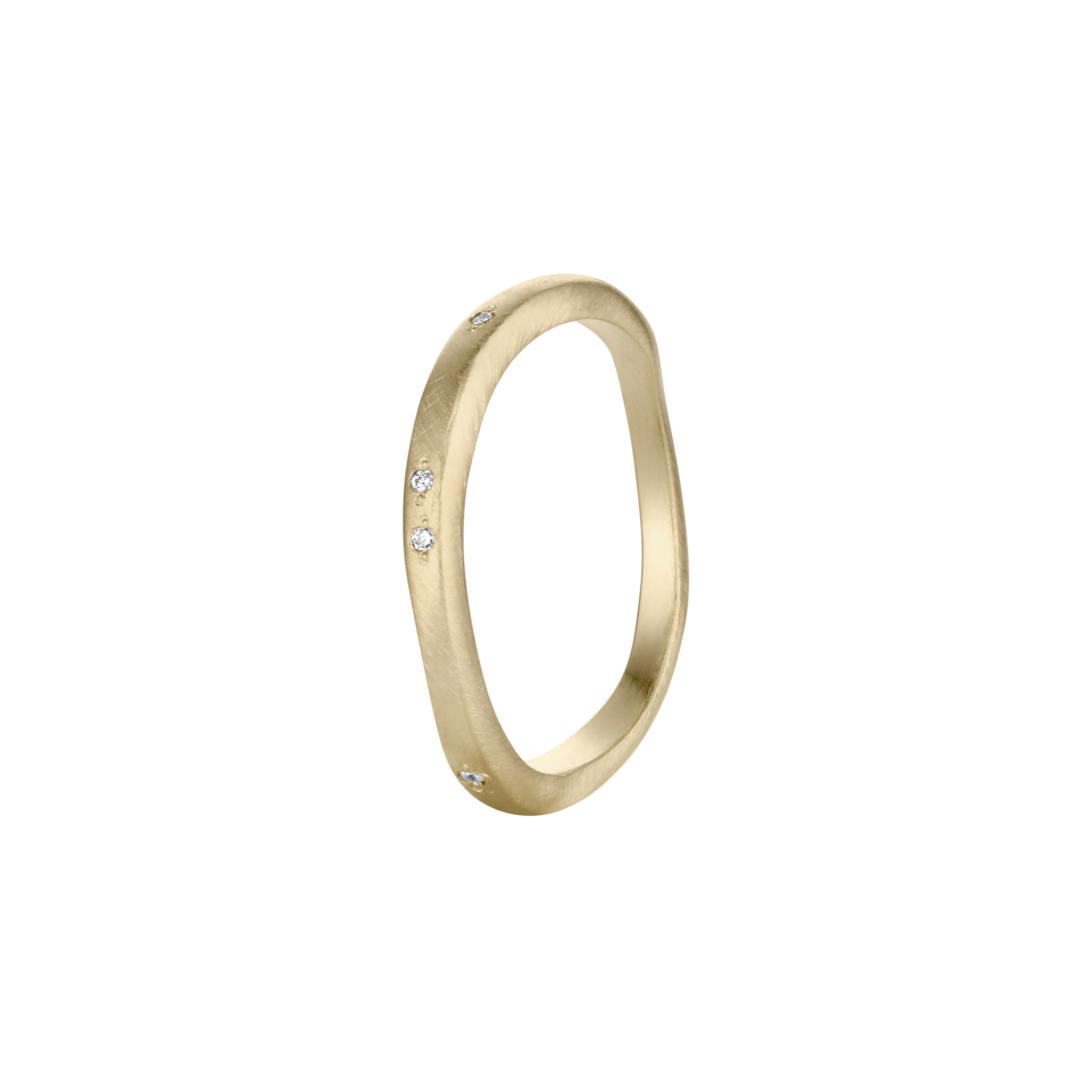 14k gold wavy stacking ring with embedded bead set diamonds, satin finish texture shown side view on a white background.