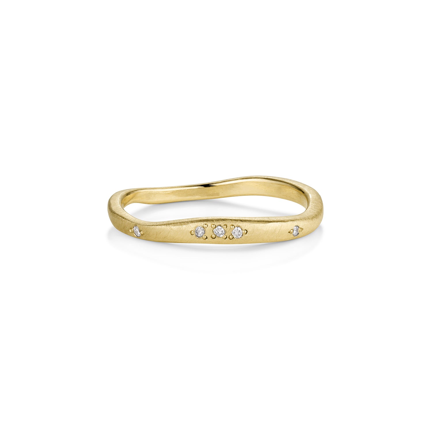 14k gold wavy stacking ring with embedded diamonds. Satin texture shown side view on a white background.