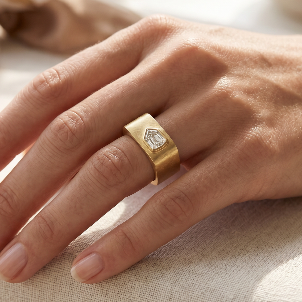 Wide band geometric shield cut diamond bezel solitaire ring in 14k yellow gold, lifestyle shot worn on a model's hand