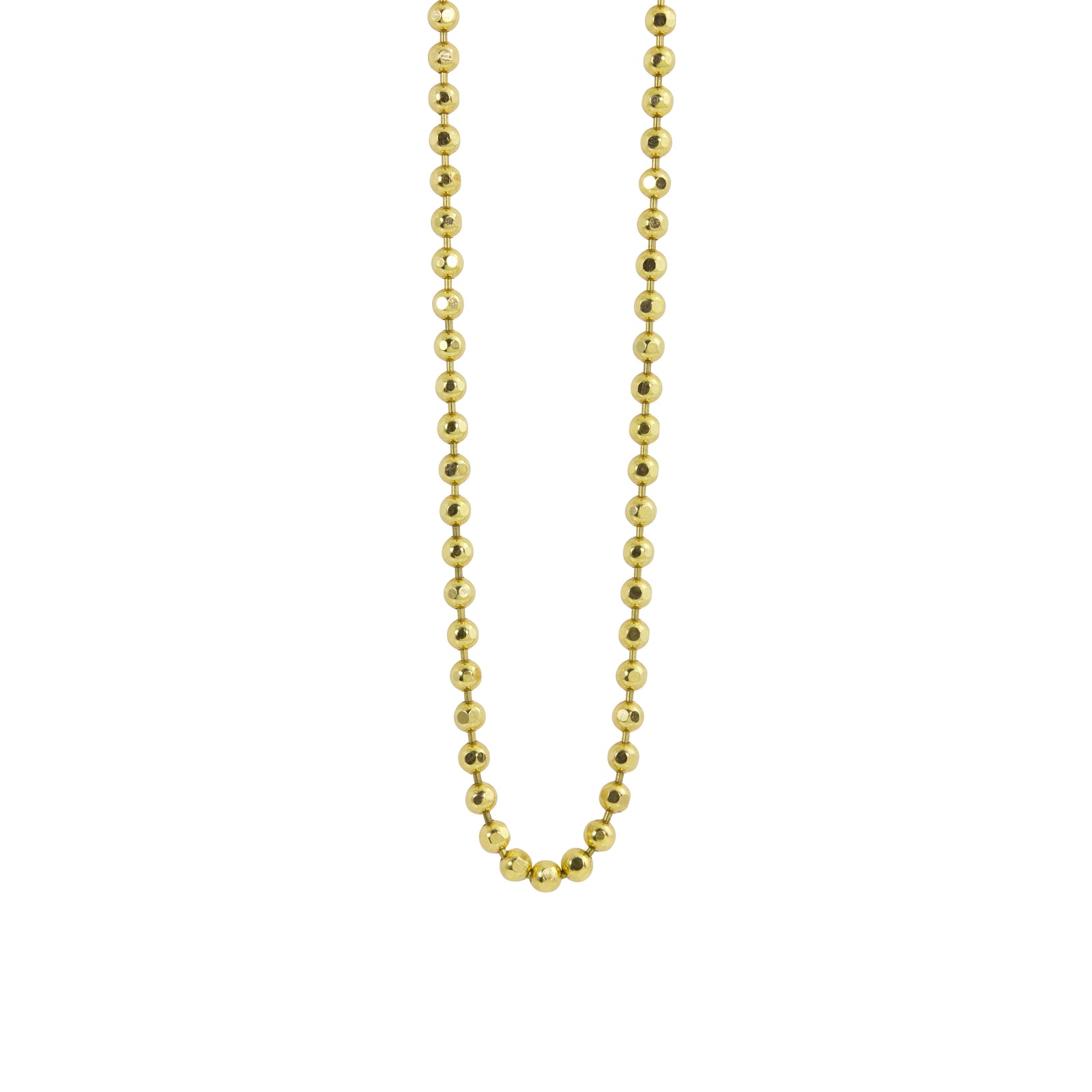 14k yellow gold 1.8mm diamond cut ball chain bead chain on white background