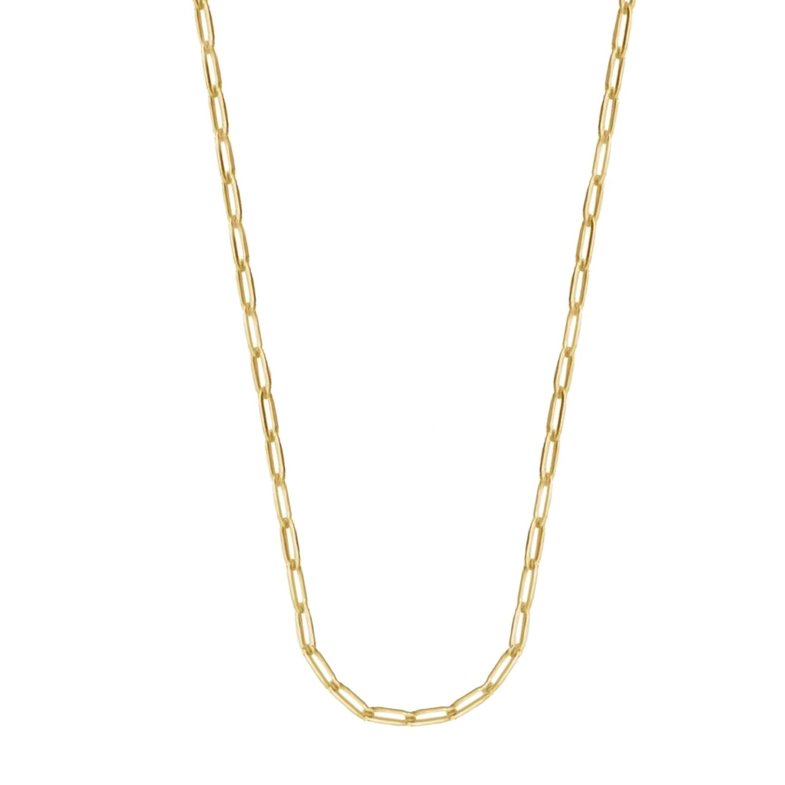 14k gold dainty paperclip chain necklace, delicate 1.2mm width, solid gold handcrafted layering chain by Julez Bryant on a white background