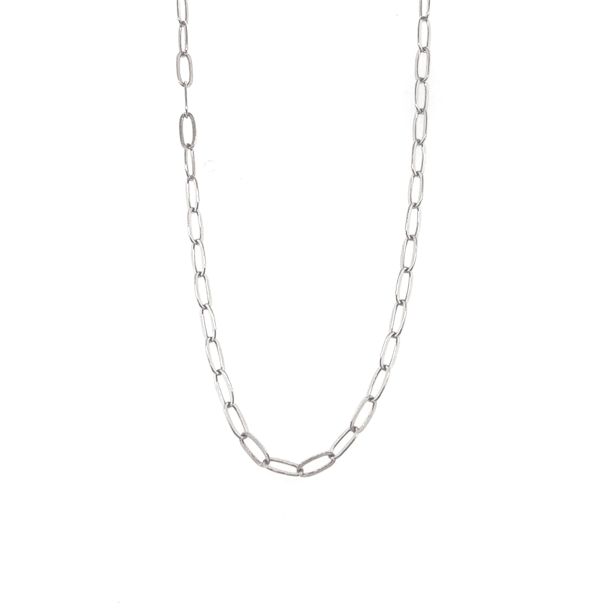 14k white gold paperclip chain necklace, 2.0mm width, solid gold, modern handcrafted layering necklace on a white backdrop. 