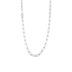 14k white gold paperclip chain necklace, 2.0mm width, solid gold, modern handcrafted layering necklace on a white backdrop. 