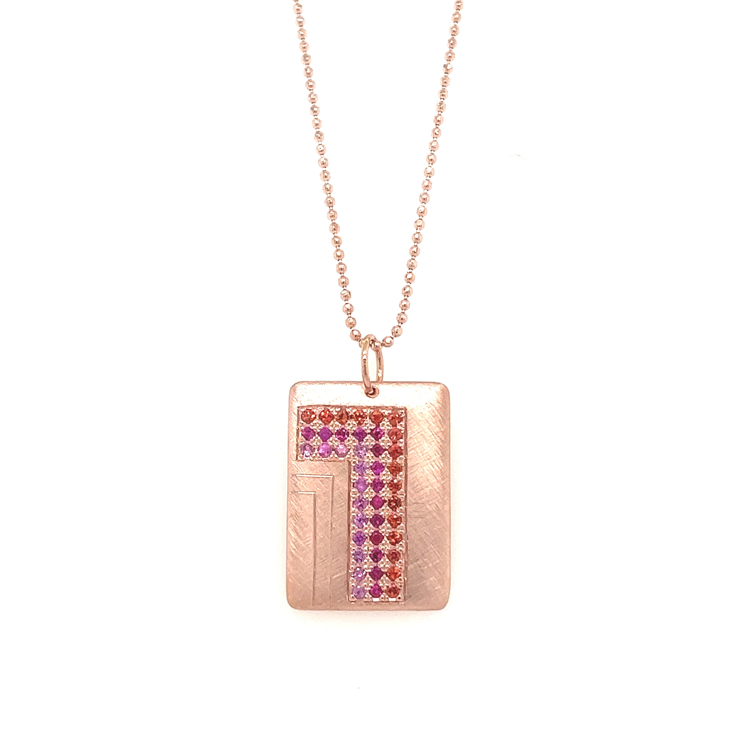 CAVI Medium 14k Gold Rectangular Pendant with Angle Stripe of Pink and Orange Sapphires