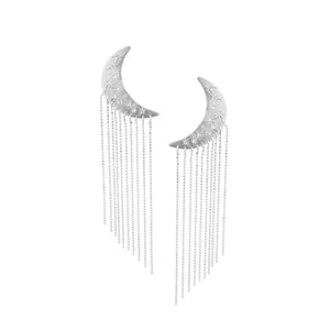 14k white gold medium ALDA moon post earrings with chain fringe