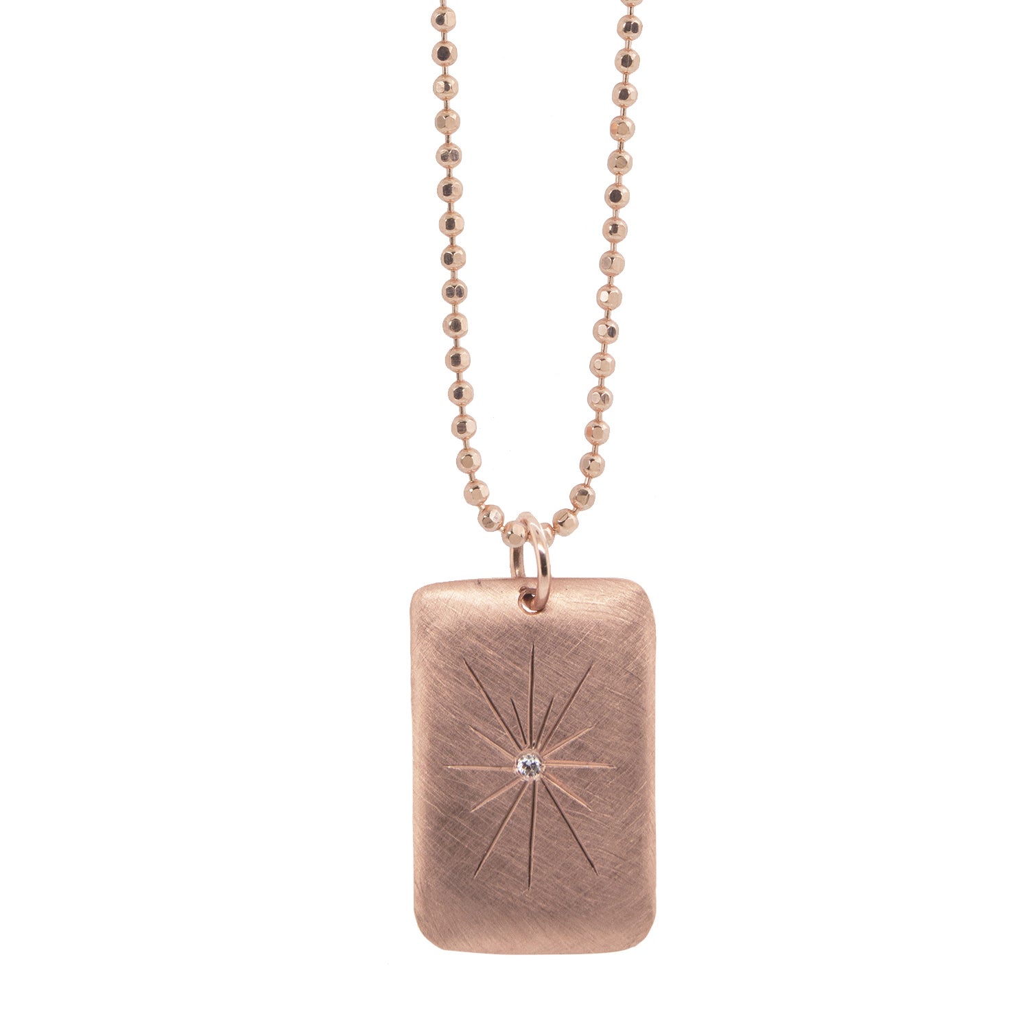 14k rose gold CALE pendant with hand etching and diamond