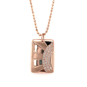 14k rose gold CALS medium pendant with alternating shiny and satin finish and white diamond rainbow