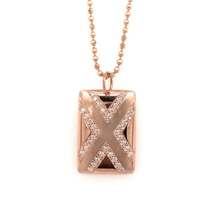 14k rose gold medium CAXX pendant with complimenting shiny and satin finish and "X" shape in white diamonds