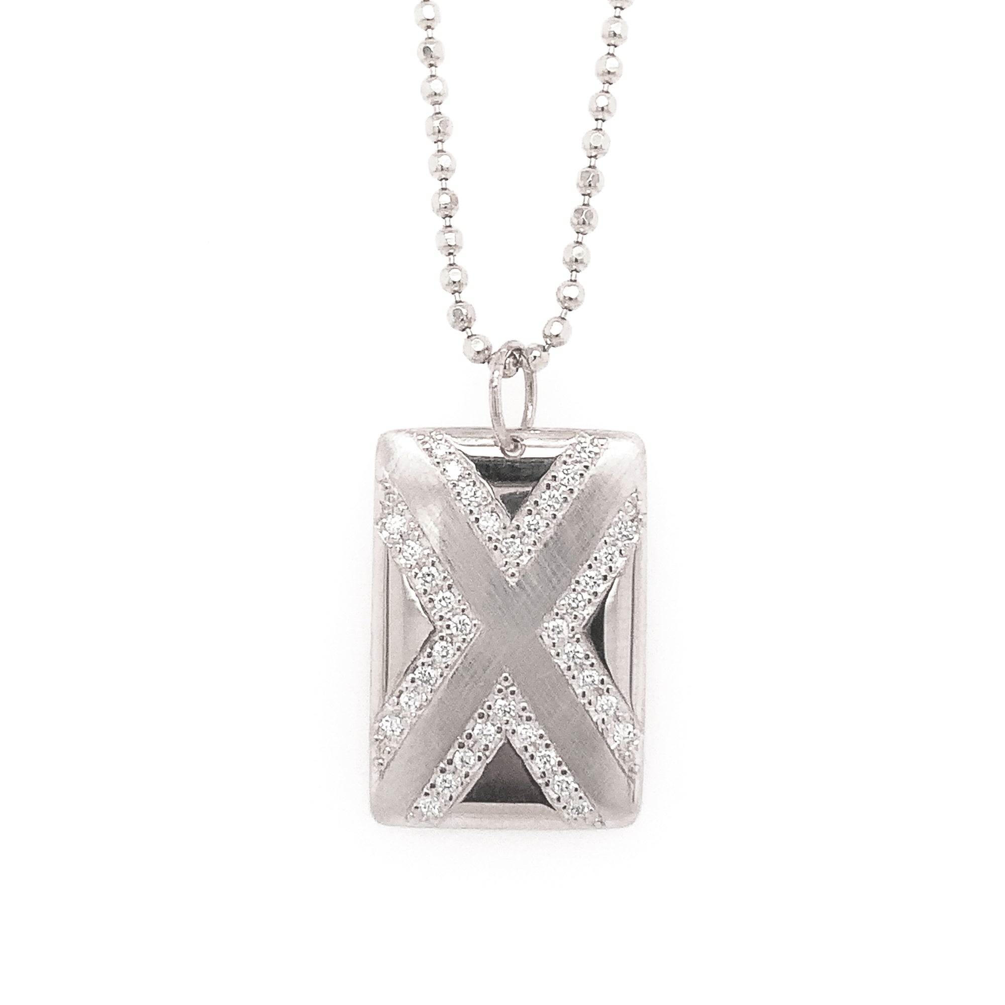14k white gold medium CAXX pendant with complimenting shiny and satin finish and "X" shape in white diamonds