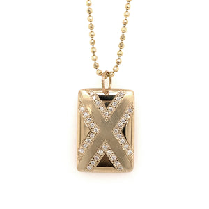14k yellow gold medium CAXX pendant with complimenting shiny and satin finish and "X" shape in white diamonds