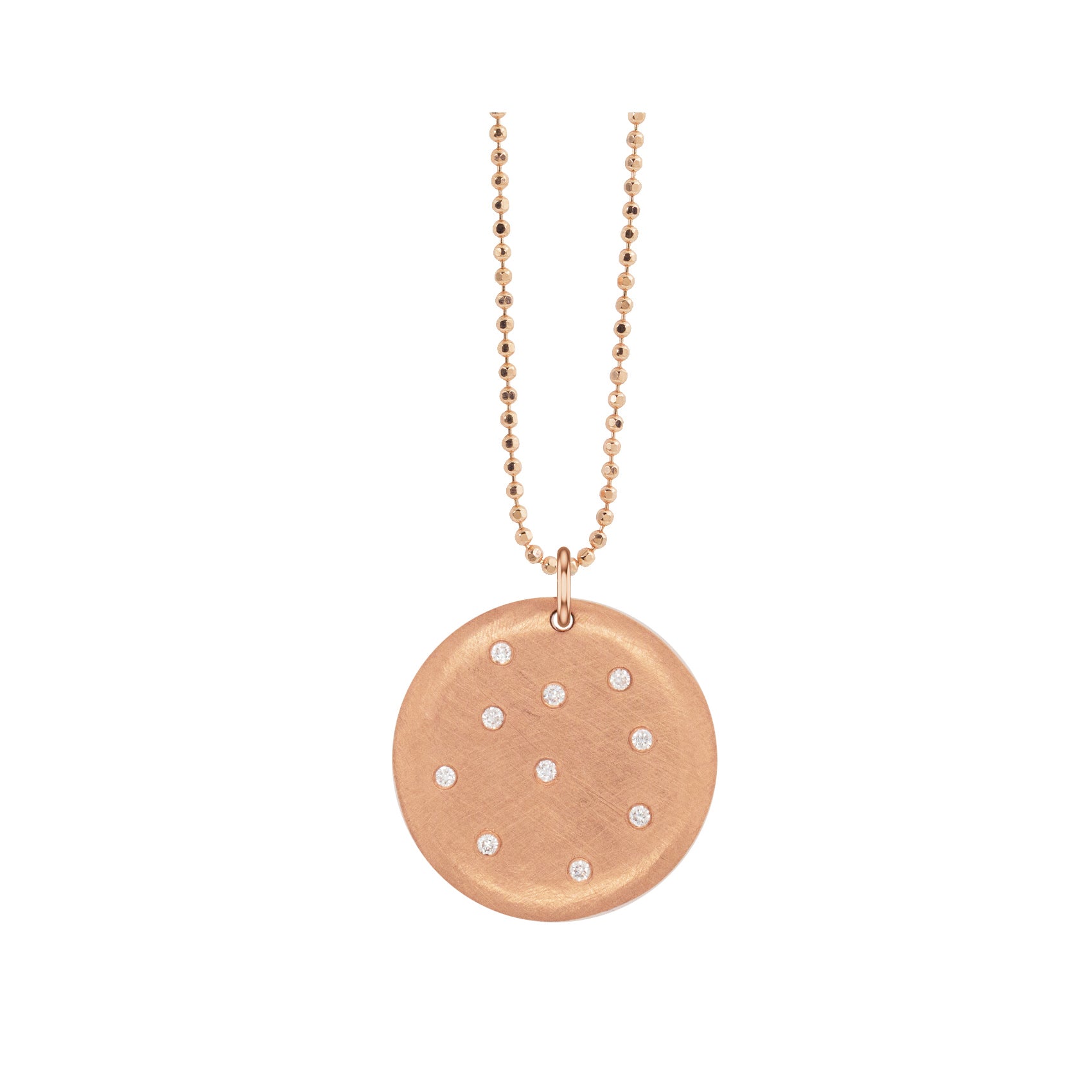14k rose gold CELA round pendant with scattered diamonds