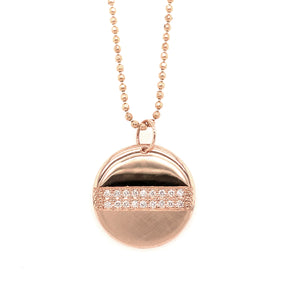 14k rose gold CELS medium round pendant with alternating shiny and satin finish and white diamond center stripes