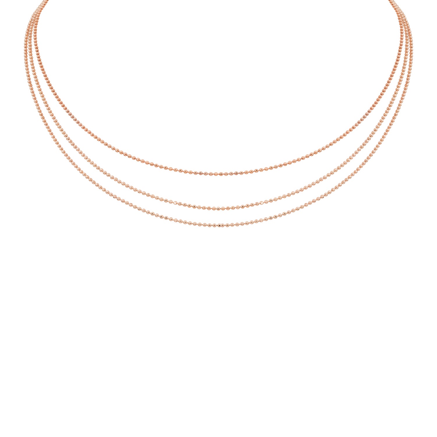 14k yellow gold CHAI necklace features 3 dainty diamond cut beaded chains. Shown on white background.