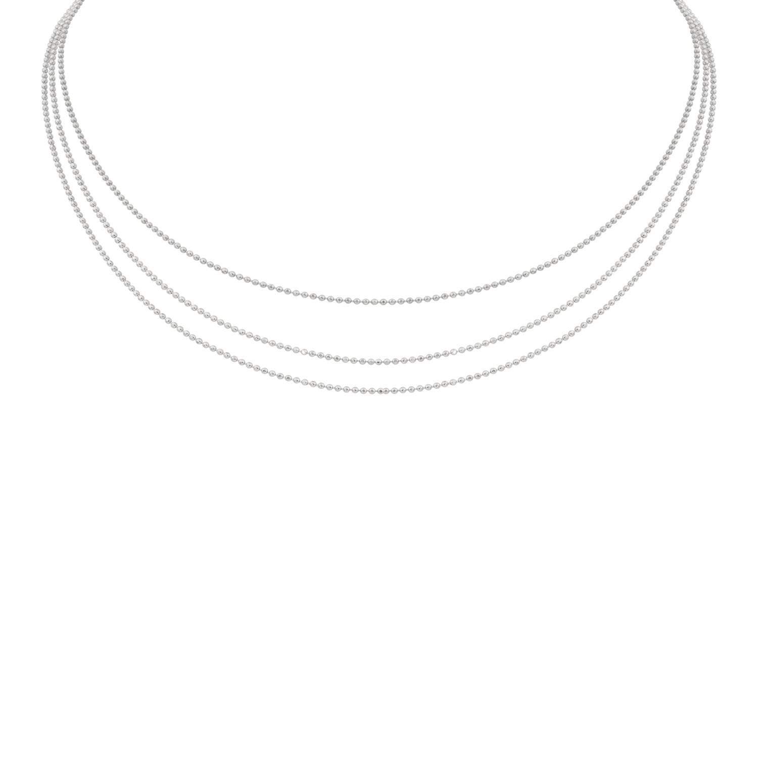 14k white gold 3 strand necklace with sparkling faceted finish. Necklace shown on white background
