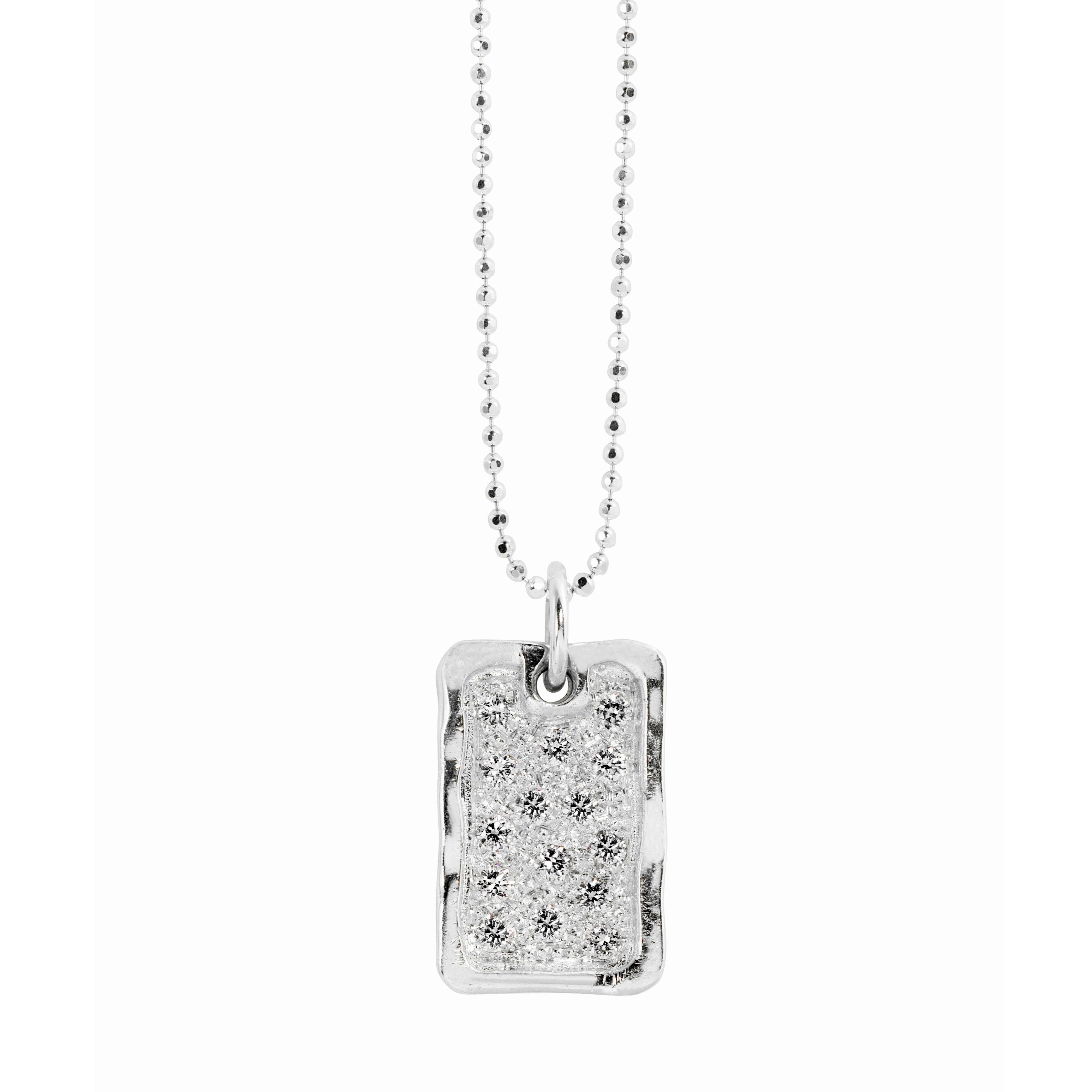 14k white gold DEFT small dog tag charm with white diamonds