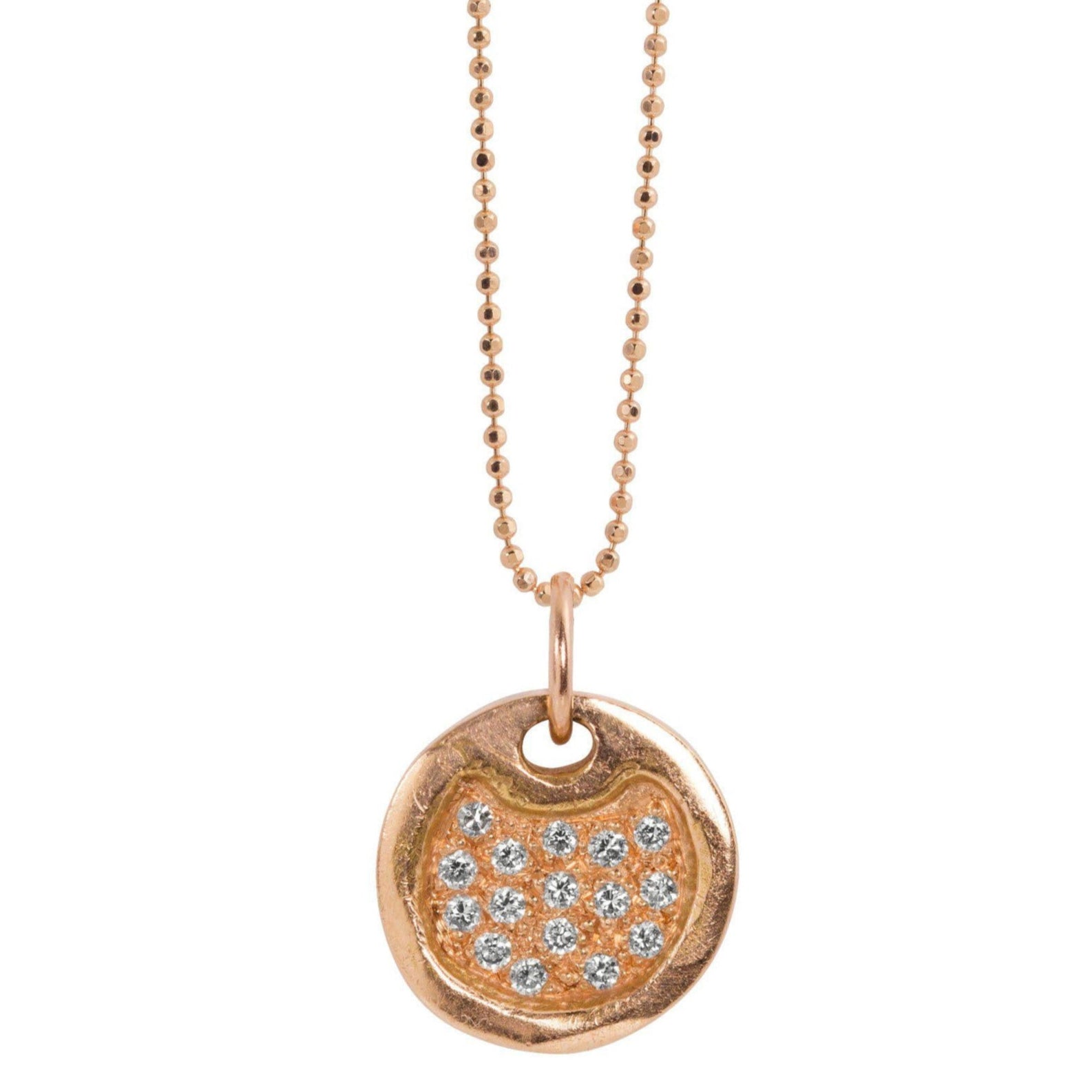 14k rose gold baby DENA round dog tag with scattered diamonds