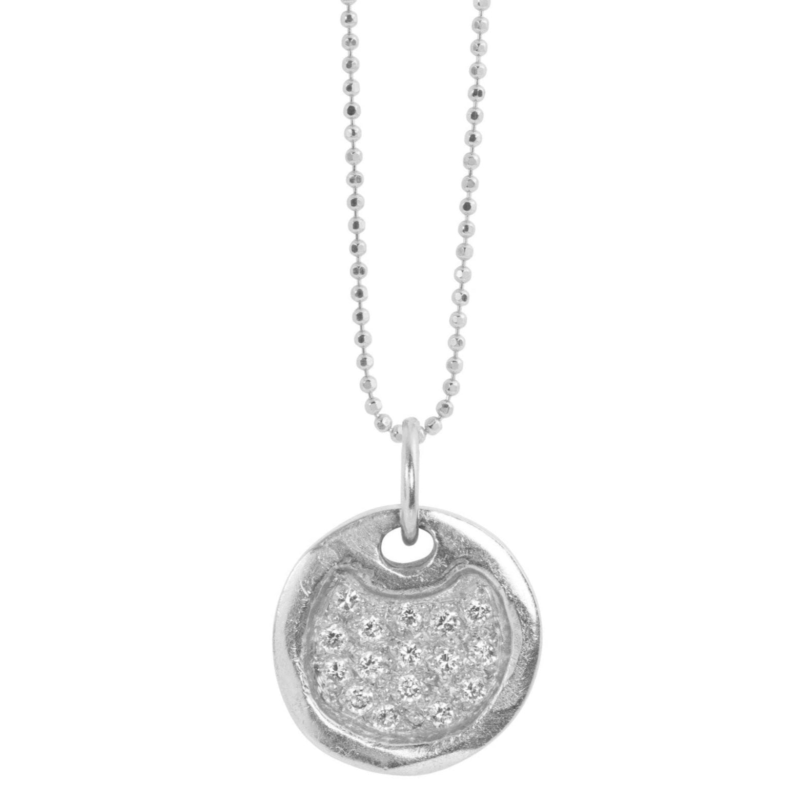 14k white gold baby DENA round dog tag with scattered diamonds