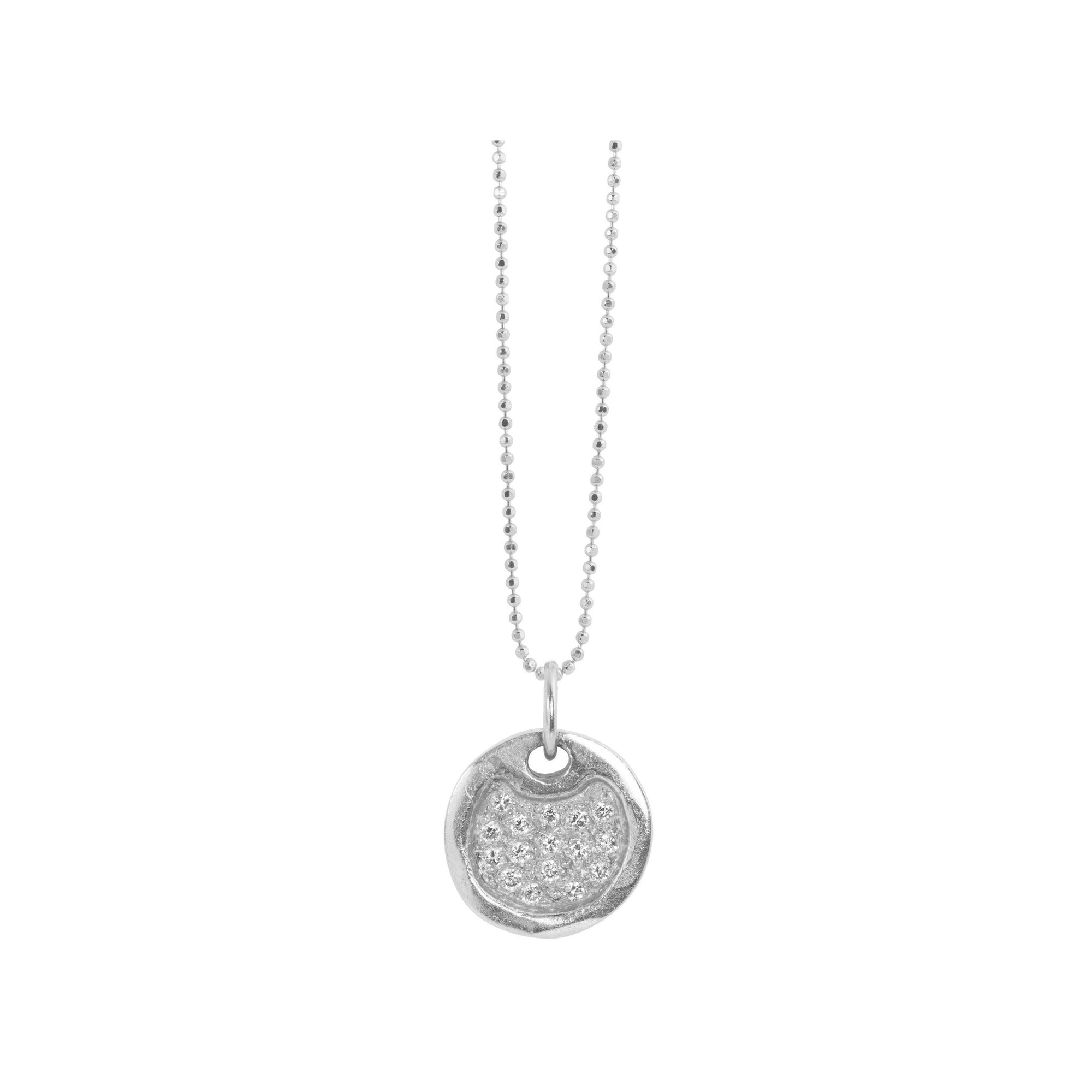 14k white gold baby DENA round dog tag with scattered diamonds