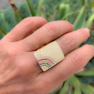 14k gold No.1 rainbow block ring on model hand