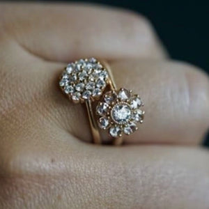 14k  gold ROTA rose cut diamond flower ring with GAIL diamond cluster ring
