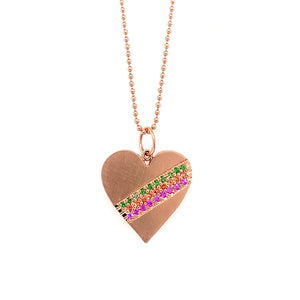 14k rose gold medium HAWA heart pendant with multi color sapphire stripes
