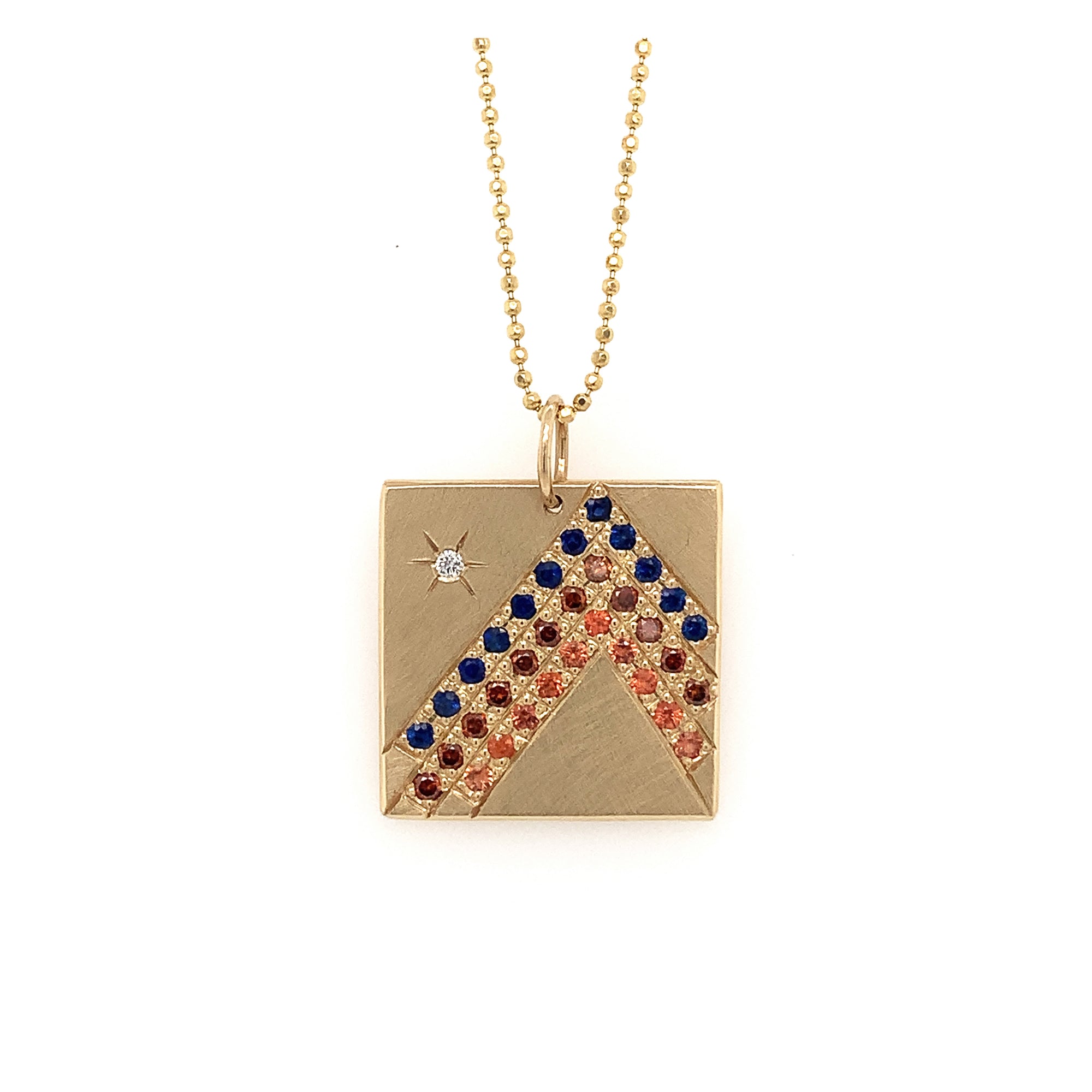 14k yellow gold HOLI square pendant with mixed sapphires