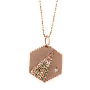14k rose gold HOPE hexagon pendant with white diamonds and green garnets