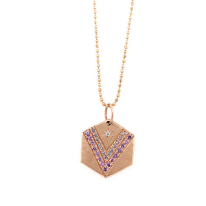 14k rose gold HOPI hexagon charm with mixed sapphires