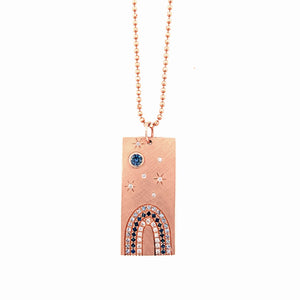 14k rose gold HOYA vertical bar pendant with white diamonds and blue sapphires