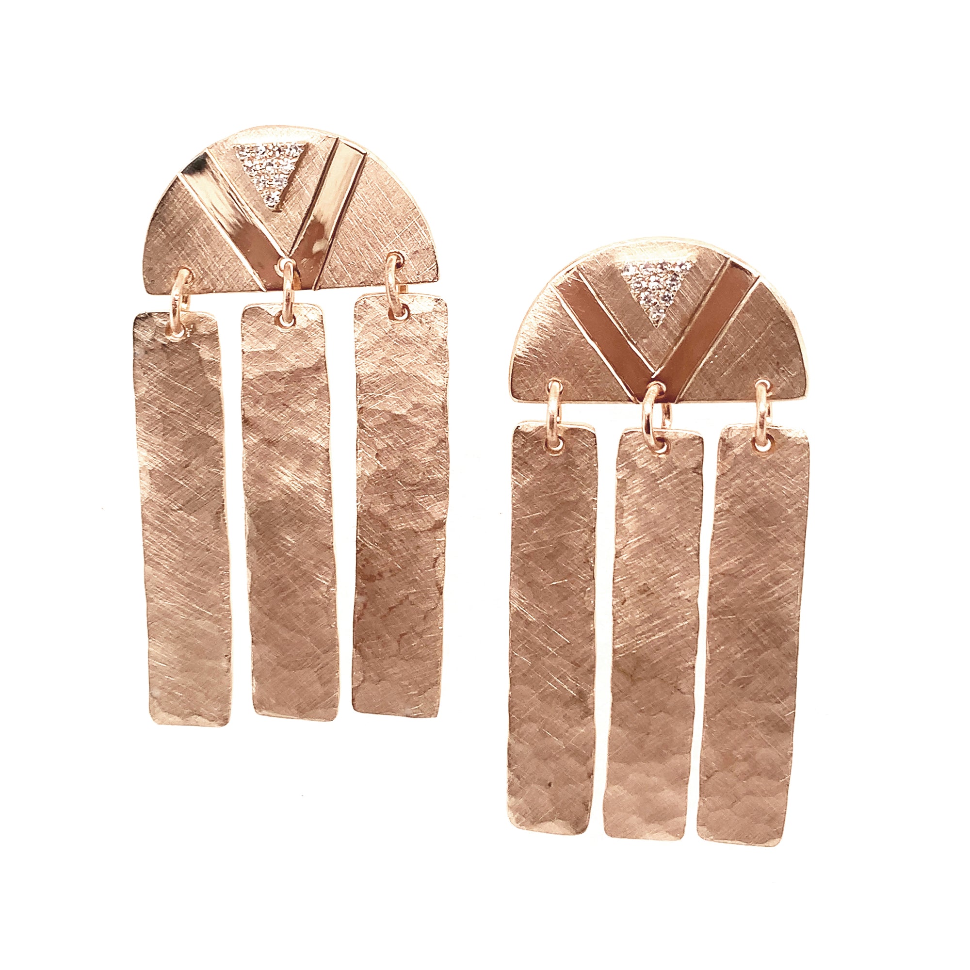14k rose gold large dangle bar fringe earrings attached to half circle top with etching and diamond triangle accent