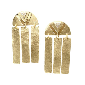 14k yellow gold large dangle bar fringe earrings attached to half circle top with etching and diamond triangle accent