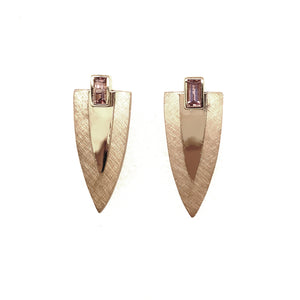 14k yellow gold medium dagger post earrings with complimenting satin and shiny finish and pink tourmaline accent