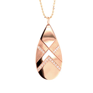 14k rose gold JOMO x-large tear drop pendant with alternating shiny and satin finish and white diamond accent stripes