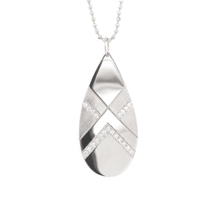 14k white gold JOMO x-large tear drop pendant with alternating shiny and satin finish and white diamond accent stripes