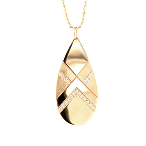 14k yellow gold JOMO x-large tear drop pendant with alternating shiny and satin finish and white diamond accent stripes