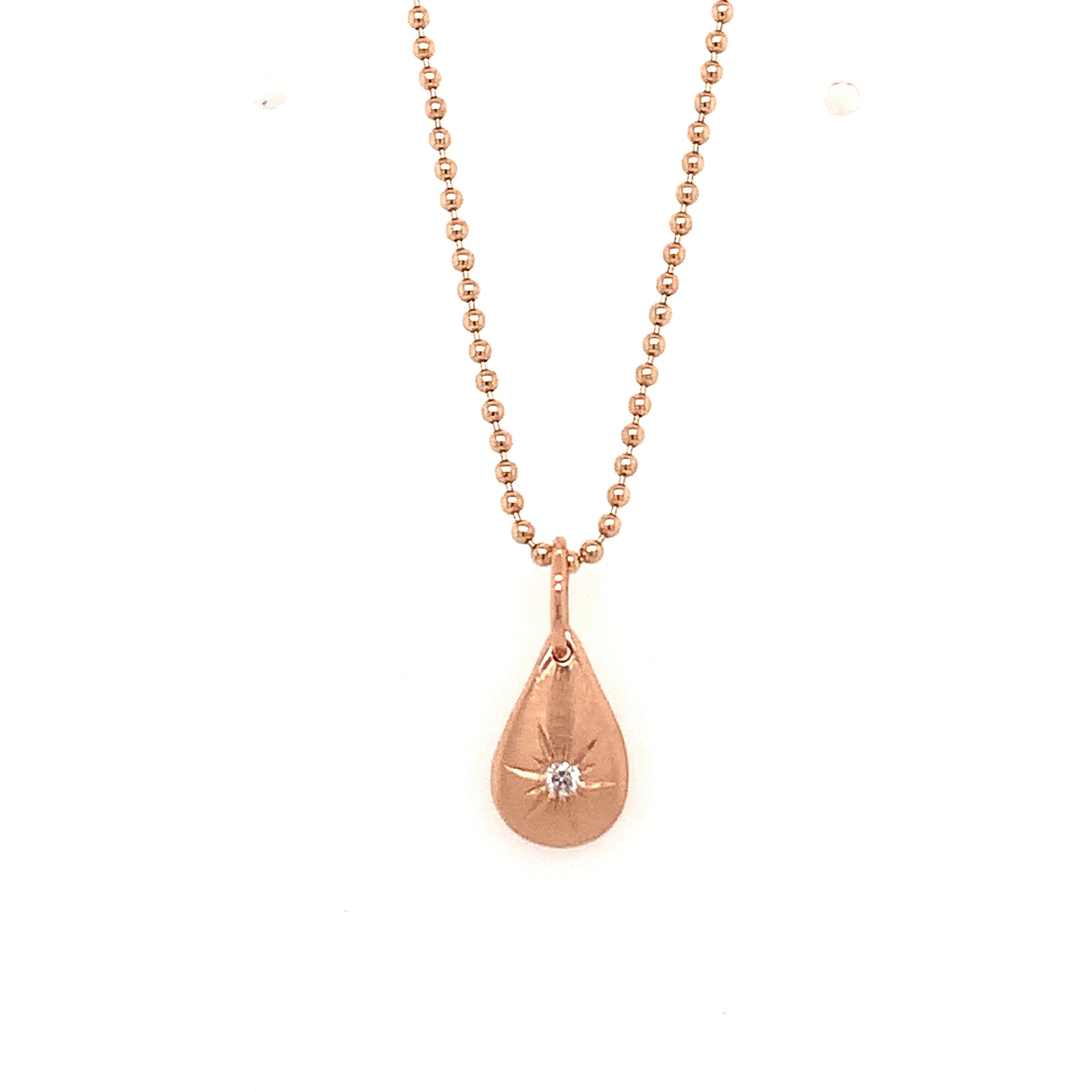 14k rose gold baby JONG teardrop charm with white diamond with hand etching