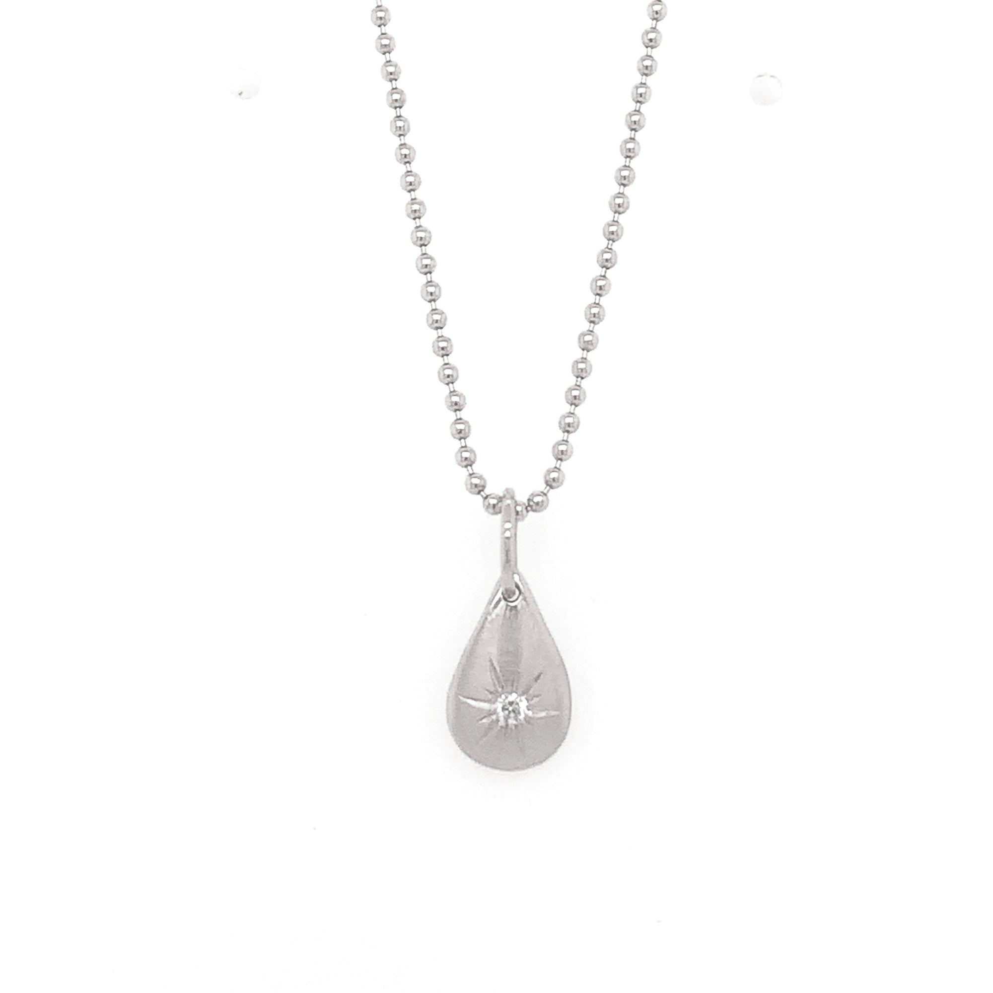 14k white gold baby JONG teardrop charm with white diamond with hand etching