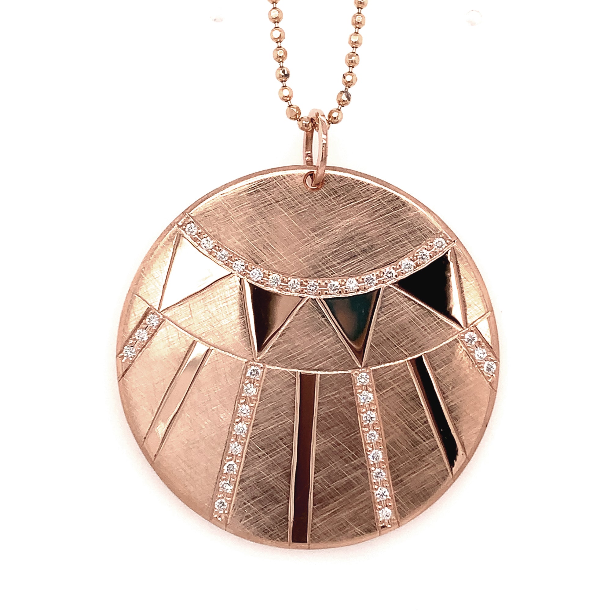 14k rose gold x-large JONO round medallion with complimenting satin and shiny finish with accent lines of white diamonds