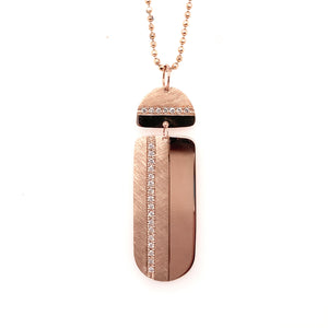14k rose gold large vertical bar pendant with complimenting shiny and satin finish and single row of white diamond accent