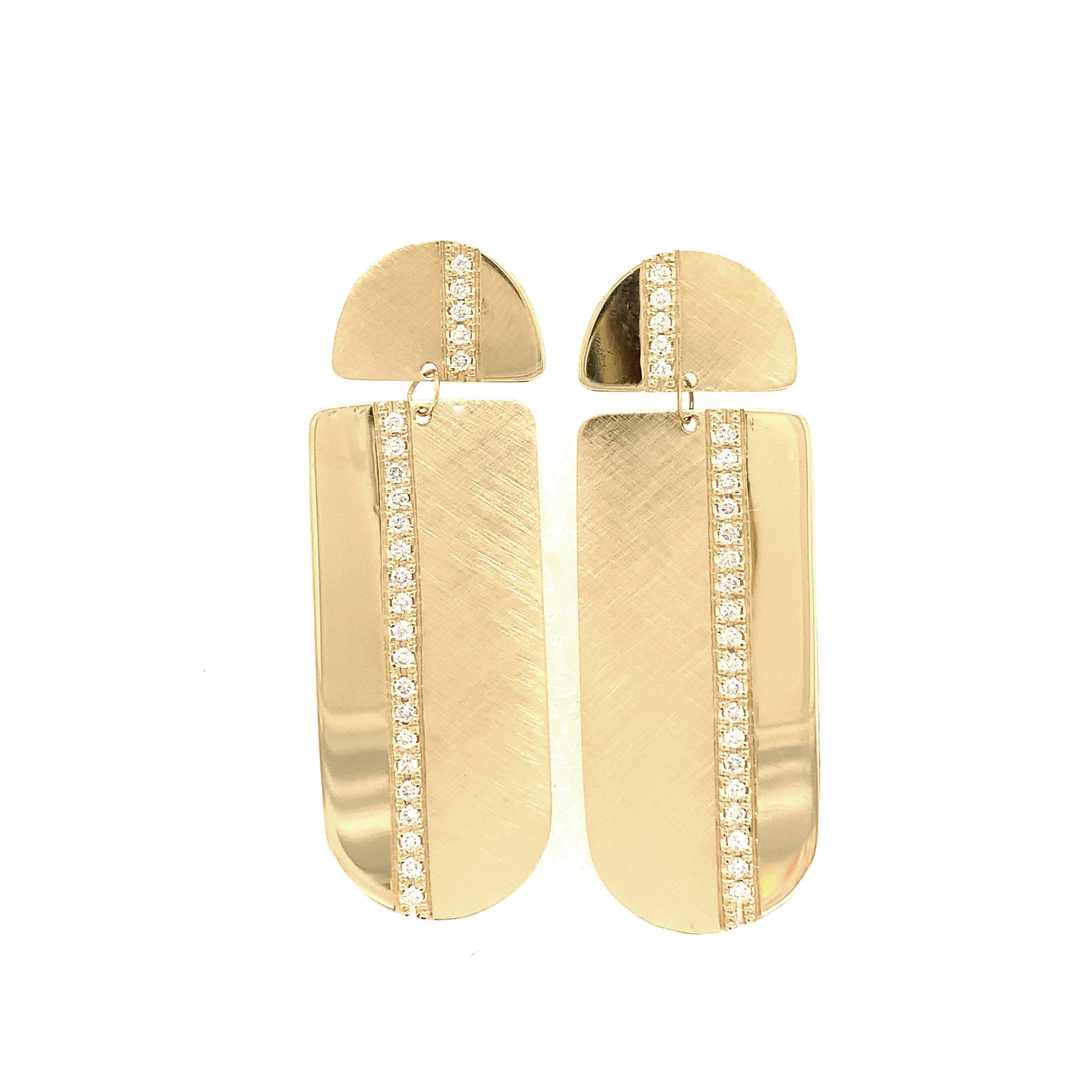 14k yellow gold large vertical bar earrings with complimenting shiny and satin finish and single row of white diamond accent