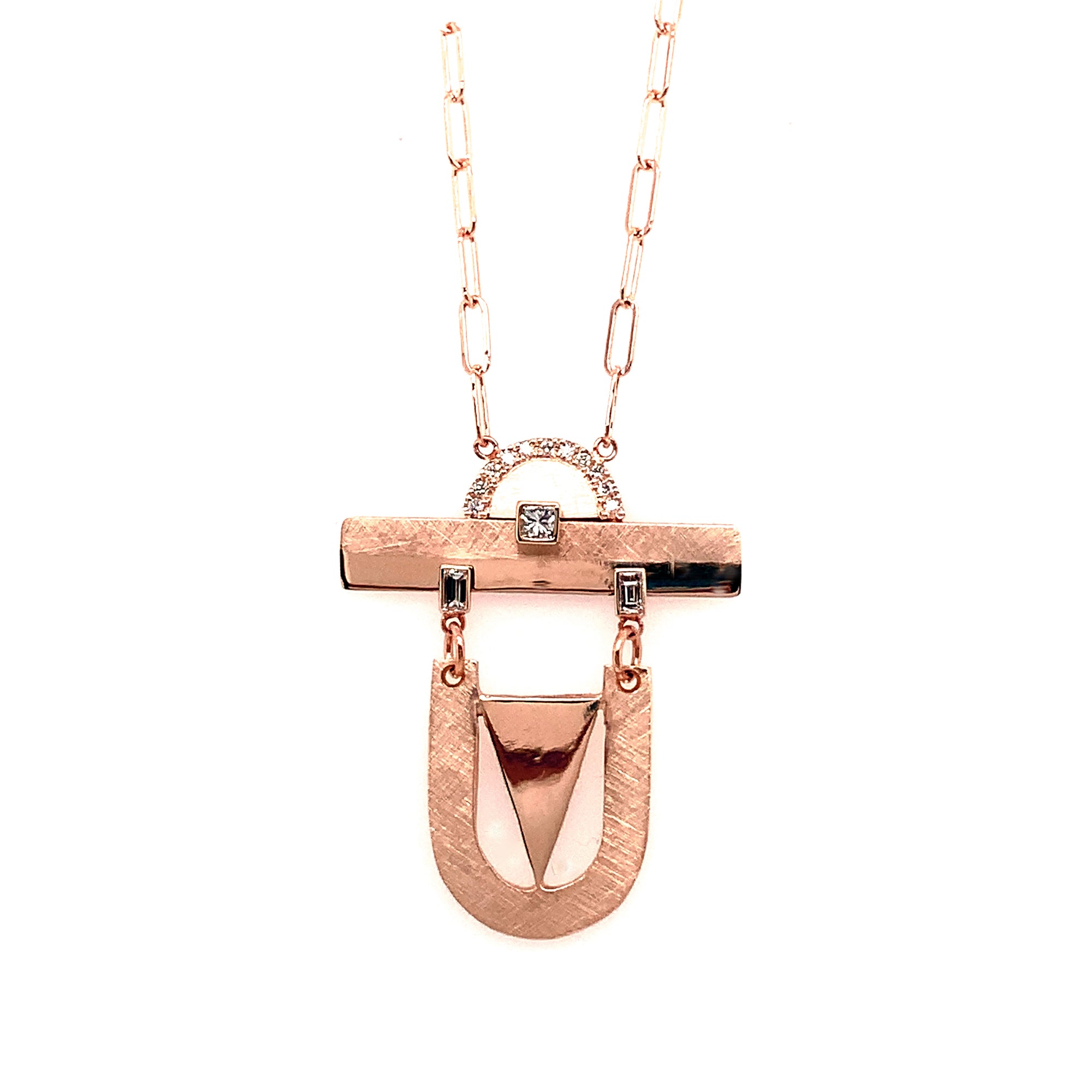 14k rose gold mixed shape hinged necklace with satin and shiny finish and white diamond accents on a 2.0mm link chain