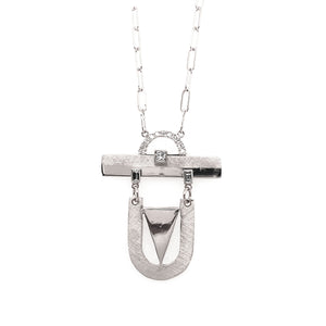 14k white gold mixed shape hinged necklace with satin and shiny finish and white diamond accents on a 2.0mm link chain