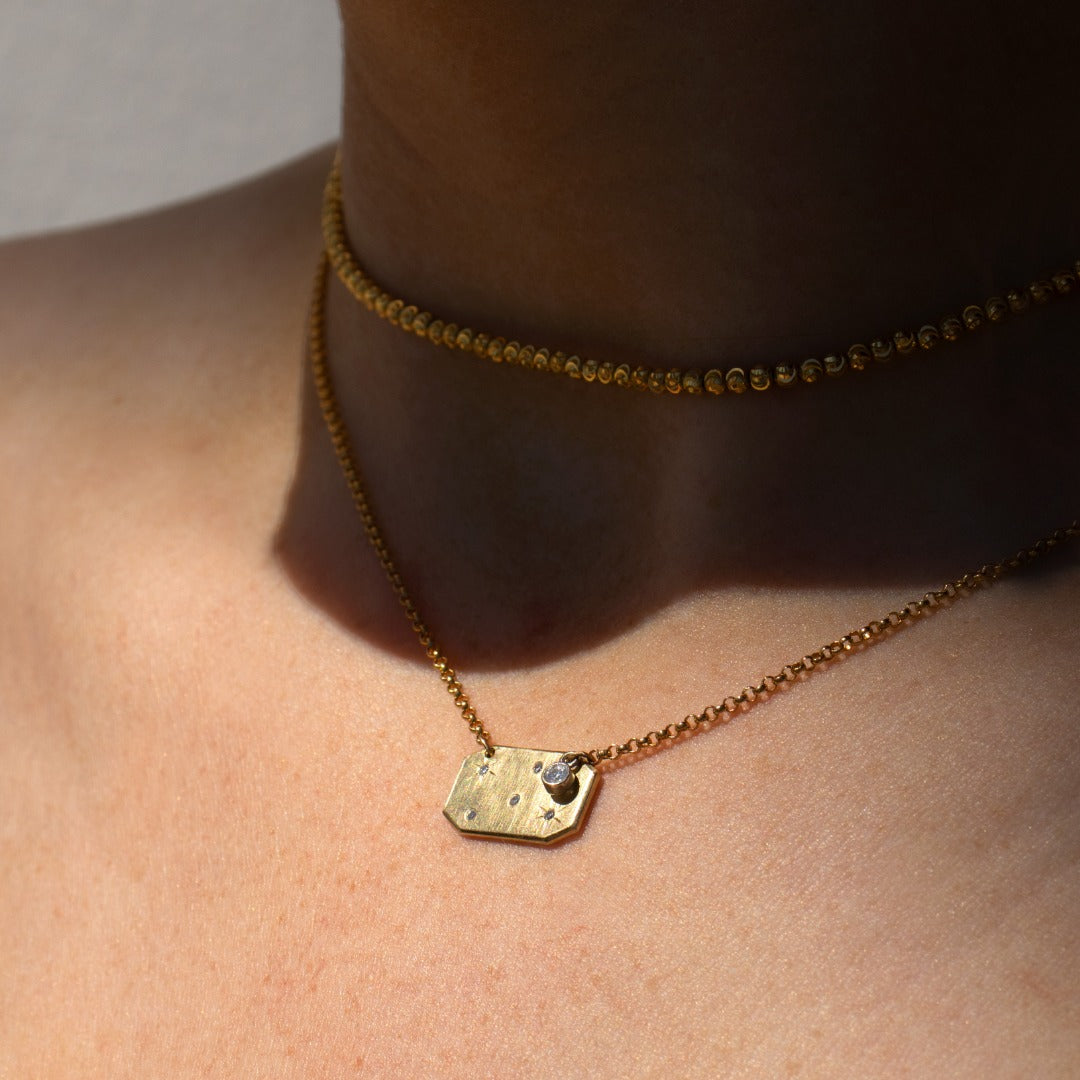 14k Gold Diamond Constellation Hexagon Necklace with Gemstone Bezi