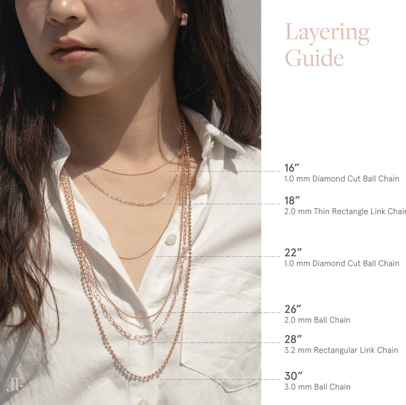 Chain layering guide showing model wearing white shirt  and five rose gold necklaces of various types and lengths graphics pointing out type/ length on right side