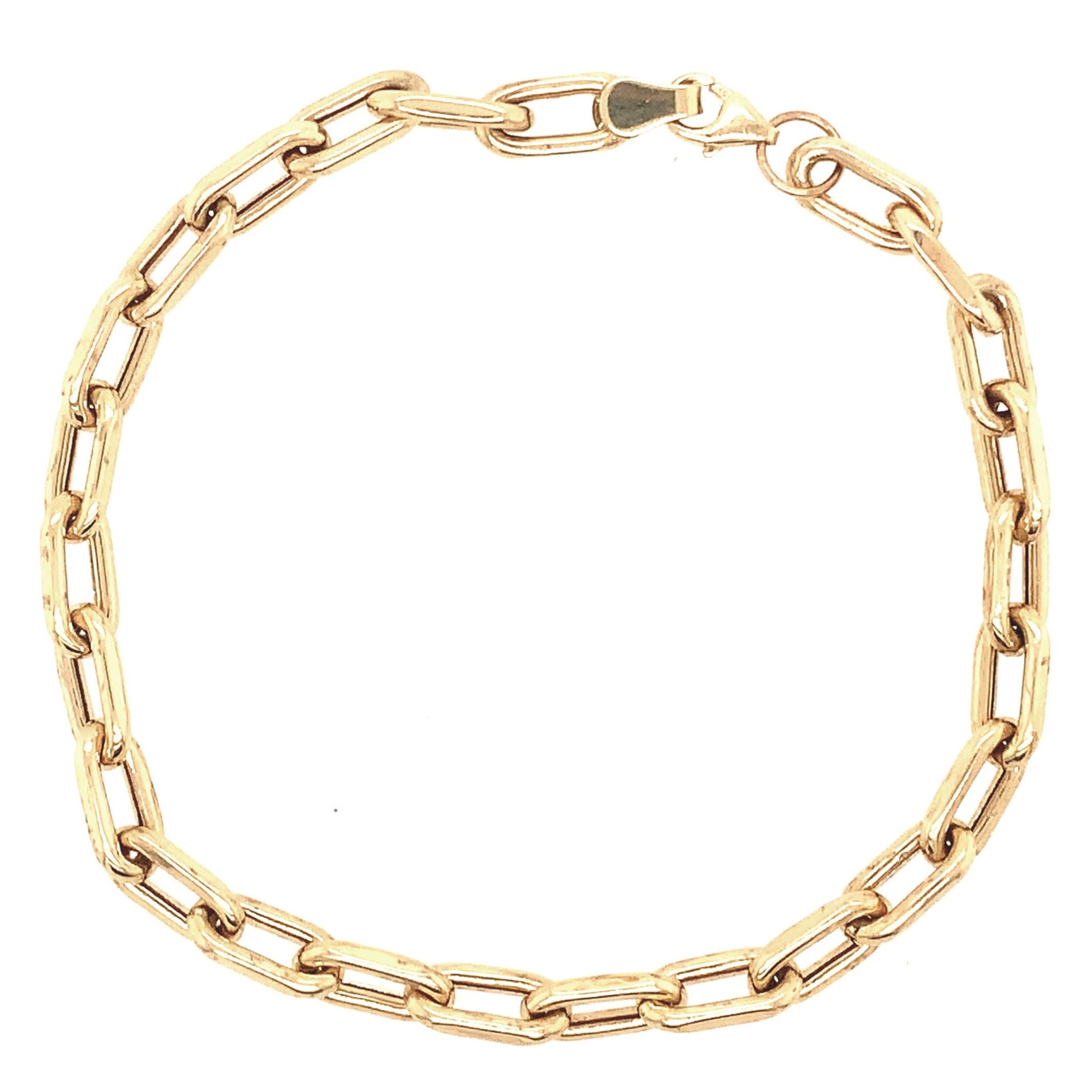 Chunky elongated link 14k Gold chain bracelet on a white background