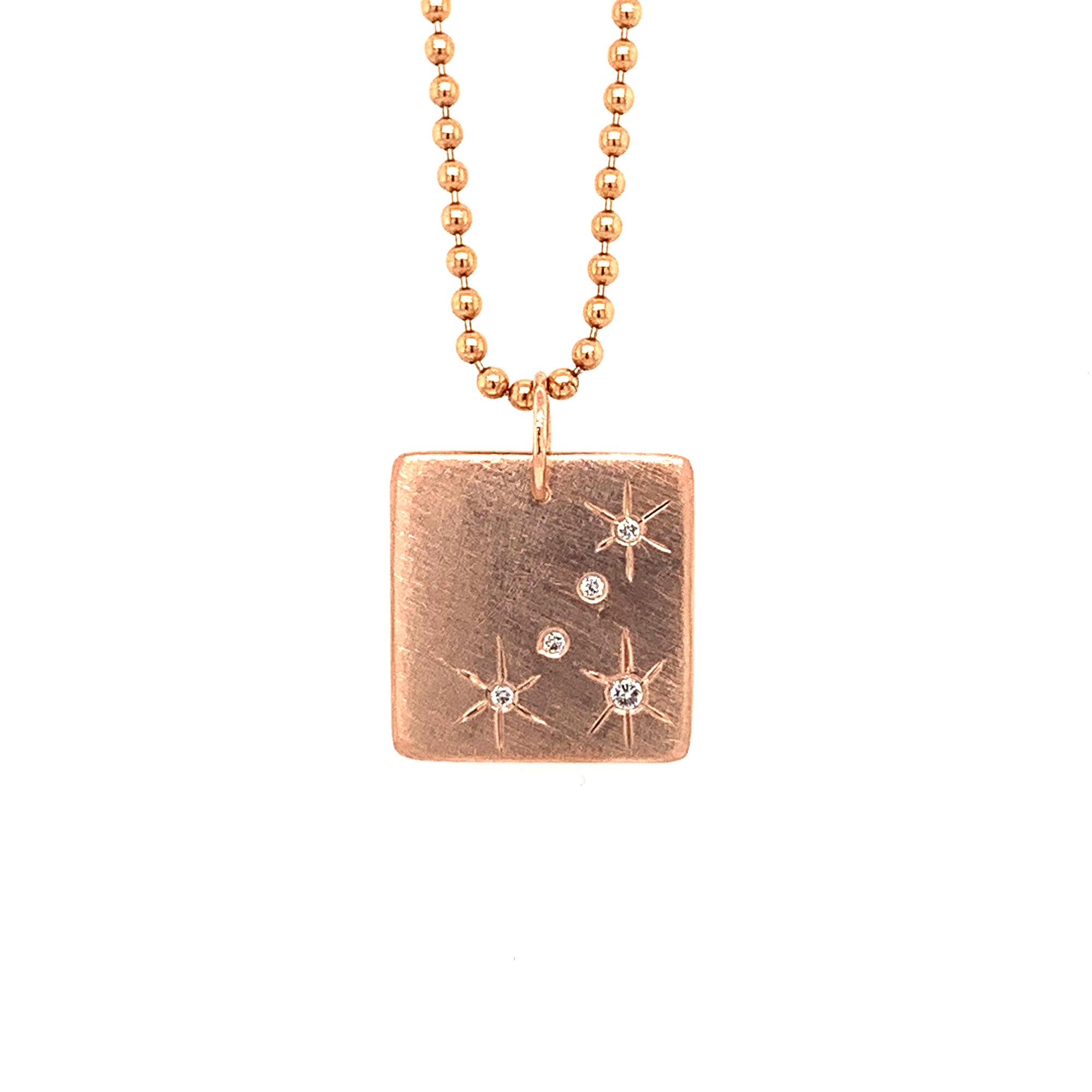 14k rose gold small MORU square charm with diamonds and starburst etching