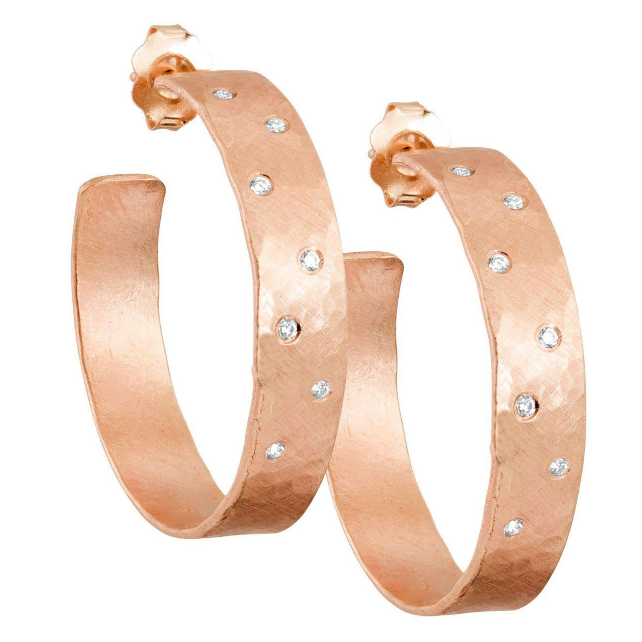 14k rose gold small OPAR wide hoop earrings with scattered diamonds