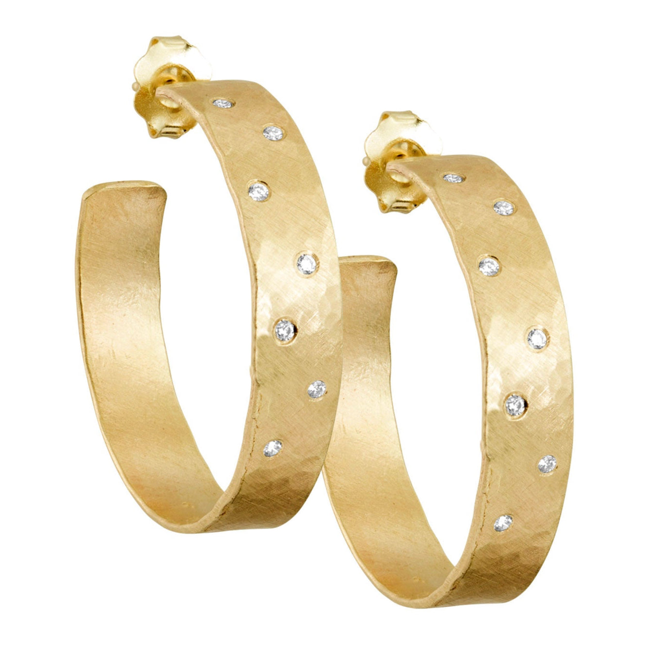 14k yellow gold small OPAR wide hoop earrings with scattered diamonds