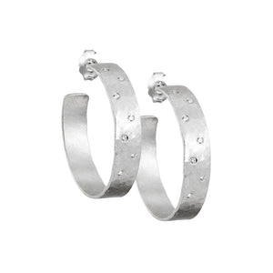14k white gold small OPAR wide hoop earrings with scattered diamonds